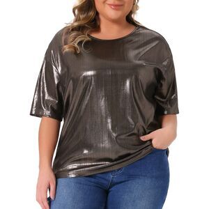 Plus Size Blouse Metallic Round Neck Short Sleeve Party Tee Top Dark Brown